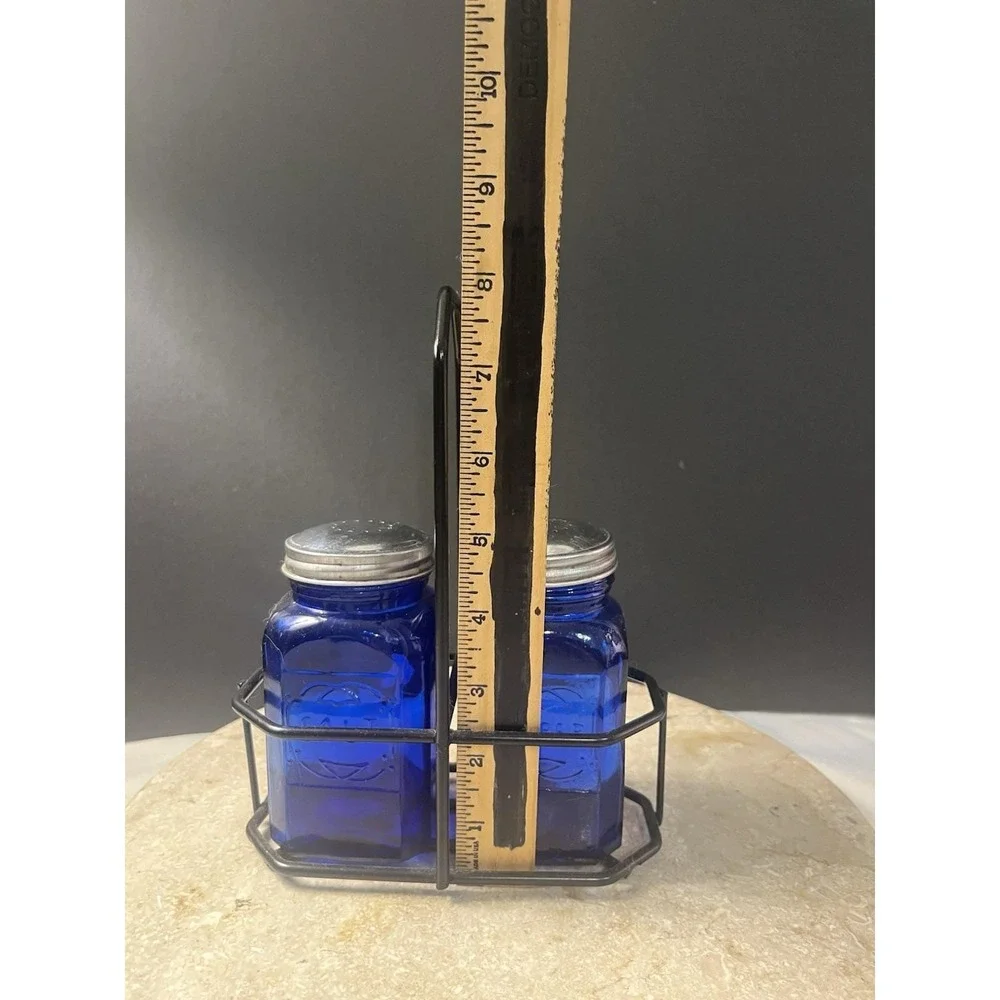 Vintage Cobalt Blue King's Crown Salt and Pepper Shakers with Carry Set